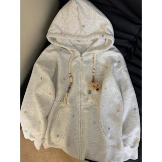 Áo hoodie gấu nhỏ dễ thương, áo cardigan có mũ trùm đầu màu xám dành cho nữ, áo khoác ngắn, áo len có mũ trùm đầu rộng rãi và lười biếng mùa thu dành cho nữ