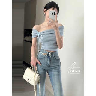 「SSUNIA」🌵Áo thun dệt kim ngắn tay lệch vai gợi cảm dành cho nữ mùa hè áo crop top thon gọn + Vòng cổ hoa