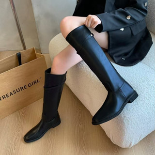 Giày Bốt Đế Dày Nữ Thu Đông 2024 Mới Thấp Gót Cao 3CM Giày Bốt Đen / Nâu Phong Cách Anh Mũi Nhọn Stovepipe Hiệp Sĩ Boots