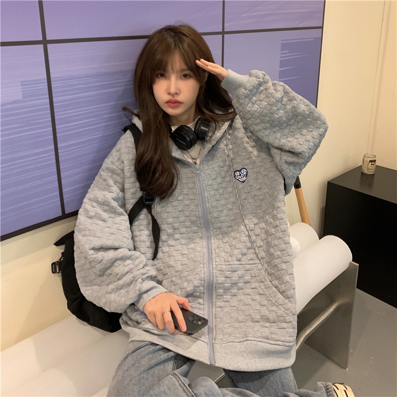 Áo khoác Waffle quá khổ kiểu Mỹ dáng lười biếng áo hoodie màu xám có mũ trùm đầu áo khoác bóng chày dành cho nữ