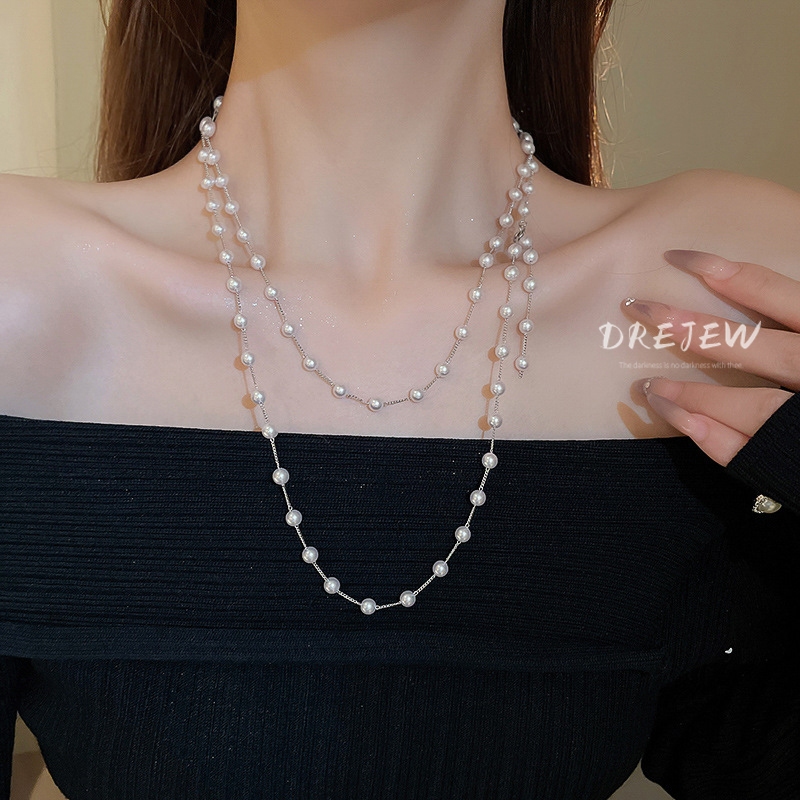 DREJEW Ngọc trai nhân tạo đính cườm xếp chồng vòng cổ nữ Pháp retro mùa thu đông dây chuyền áo len nhẹ sang trọng trang sức trang nghiêm cao cấp