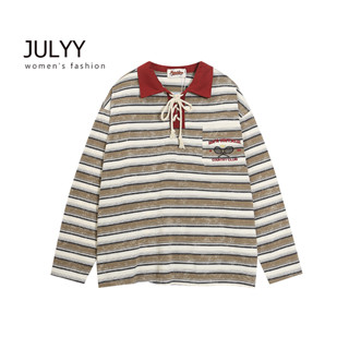 Áo polo sọc phong cách đại học cổ điển Mỹ dành cho nữ oversiz áo thun dài tay dáng rộng xu hướng