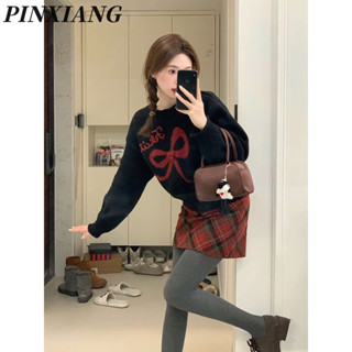  Pinixnag Áo len dài tay nơ Giáng sinh dành cho nữ Váy kẻ sọc dáng rộng Bộ hai mảnh 