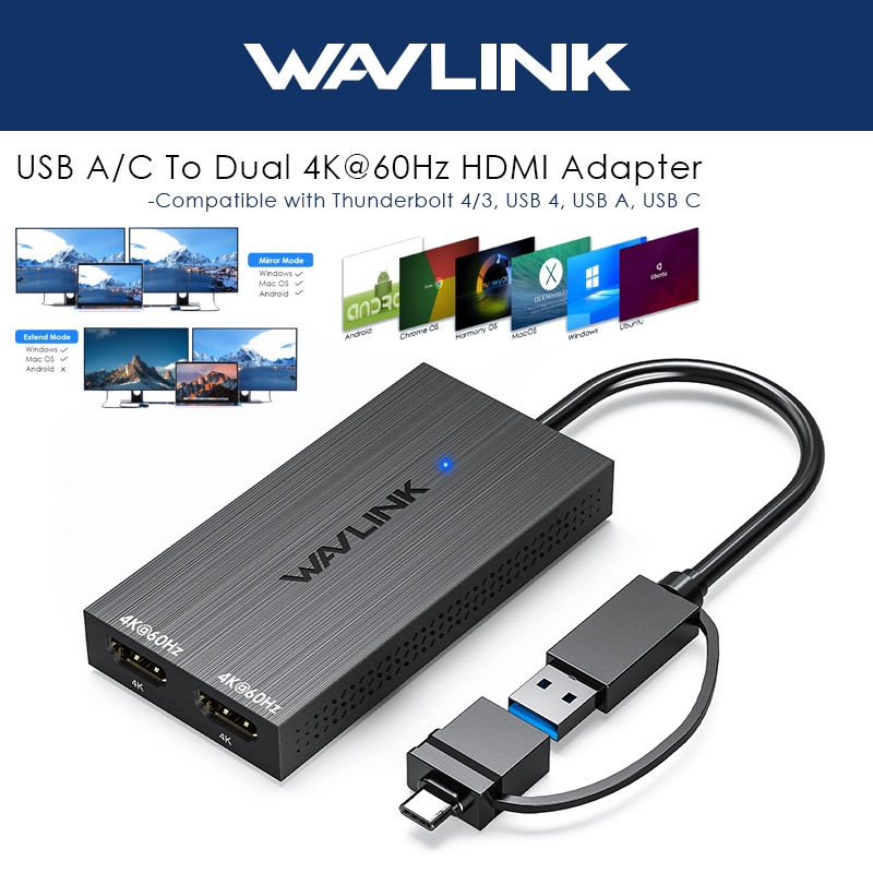 WAVLINK USB A / USB C sang HDMI kép DisplayLink Dual 4K @ 60Hz Hub chuyển đổi HDMI cho Windows và M1
