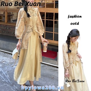 Ruo Bei Xuân Váy Nữ Phiên Bản Rộng Trung Quốc retro sườn xám eo cinching giảm béo khí chất váy dài đến đầu gối