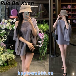 Ruo Bei Xuan Áo thun nữ có họa tiết nghiêng xẻ vai dáng rộng và không đều khí chất độc đáo và thích hợp Áo thun