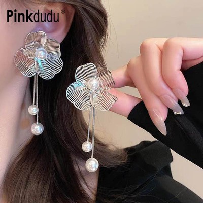 Thời Trang Kim Loại Hoa Tua Rua Ngọc Trai Thả Bông Tai Thanh Lịch S925 Tòn Ten Bông Tai Trang Sức Quà Tặng Cho Nữ PD2012