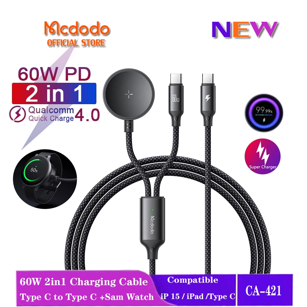 Mcdodo 60W PD 2 trong 1 Type C sang Type C + Galaxy Watch Sạc nhanh cho IP 15 Series iPad MacBook CA