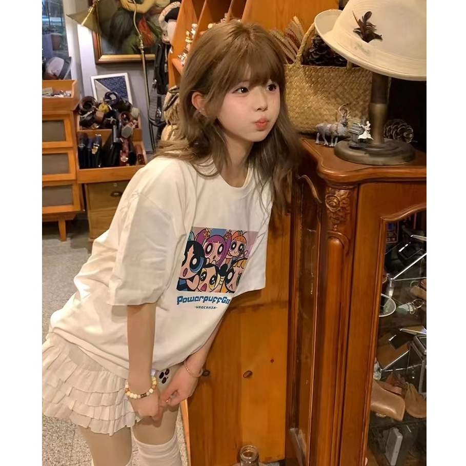 Áo Thun Tay Ngắn Hoạt Hình 3XL Powerpuff Girls Powerpuff Girls Cotton 100% Cotton Áo Thun Nữ Tay Ngắ