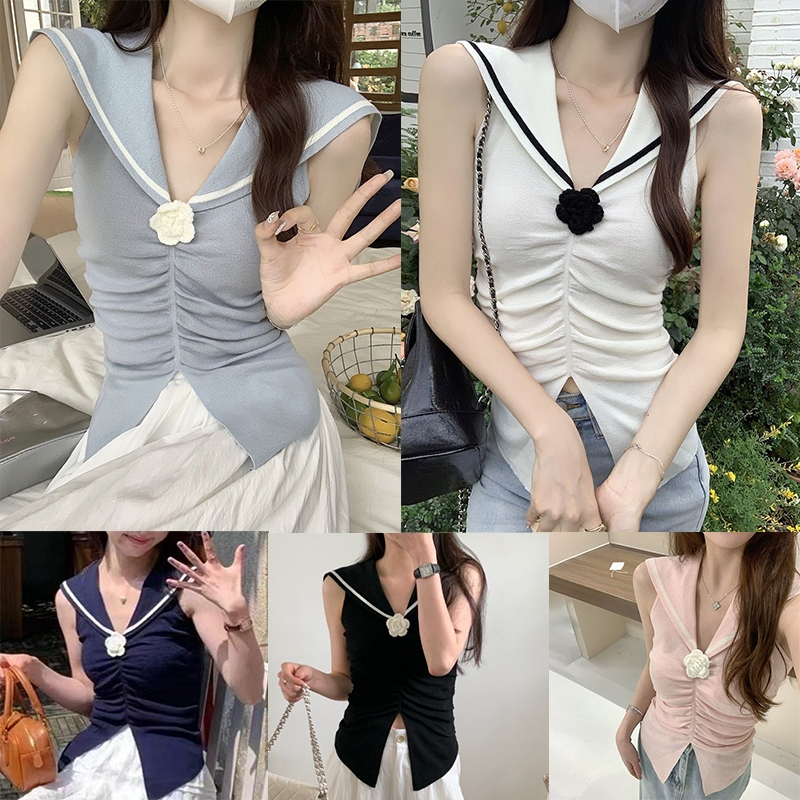 Áo hai dây dệt kim cổ áo hải quân thời trang Hàn Quốc dành cho nữ xếp li sang trọng 3D không tay hoa COC