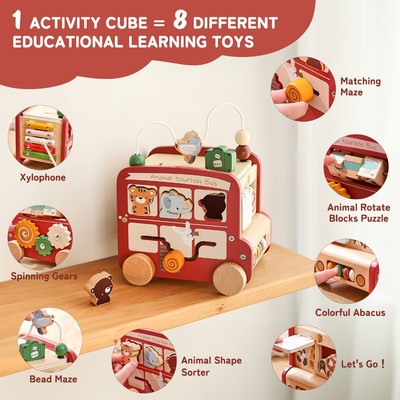 Đồ chơi bằng gỗ đa năng 5 trong 1 cho bé Hoạt động khối lập phương Hạt mê cung Montessori Xe buýt Đồ chơi xếp hình cho trẻ mẫu giáo