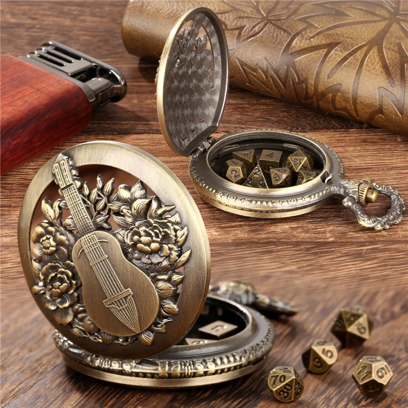 Vintage 7pcs/set DND Metal Gaming Dice with Hollow Guitar Pocket Watch Case FOB Chain Games Accessor