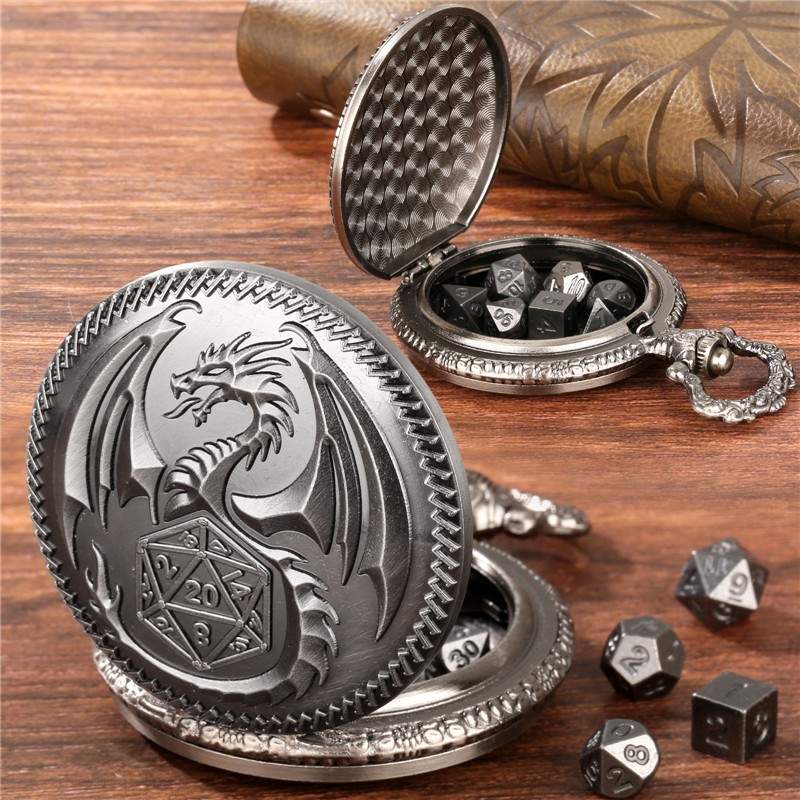 7 X Metal Polyhedral Dice with Bronze Dragon Pocket Watch Case DND Role Play Game Dices Pendant Chai