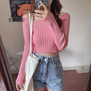  ZHELIHANGFEI Áo lửng dệt kim tay dài thiết kế hở vai quyến rũ cho nữ 