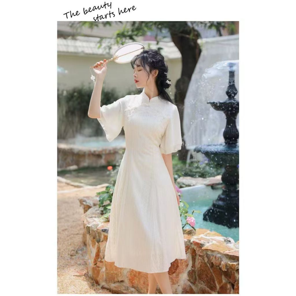 Đầm Sườn Xám Cách Tân Vải Voan Dáng Suông Kiểu Trung Hoa