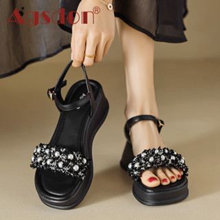 Agsdon Giày Sandal Đế Dày Dây Ngọc Trai Nữ Phong Cách Cổ Tích
