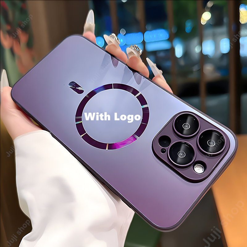 Ốp Lưng Logo Cho iPhone Titan Kim Loại Từ Tính Dây Sạc Không Dây Vẽ Khung Acrylic Ốp Lưng Điện Thoại Cho iPhone 16 15 14 13 12 11 Pro Max 15 Plus Có Ống Kính Bảo Vệ Phim