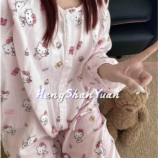 Heng Shan Yuan Bộ đồ ngủ nữ Bộ đồ ngủ ngắn tay in hình Hello Kitty dễ thương