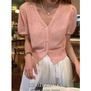 Xiaozhainv Quần Áo Nữ Hàn Quốc Mùa Hè Cổ Chữ V Tay Ngắn Mỏng Dệt Kim Crop Top Nữ