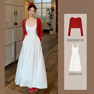 [XIAO] Đầm đeo chéo trắng phong cách nhẹ nhàng dành cho nữ mùa hè Váy dài tình yêu đầu tiên + Áo len Cardigan dài tay mỏng màu đỏ Bộ đồ hai mảnh