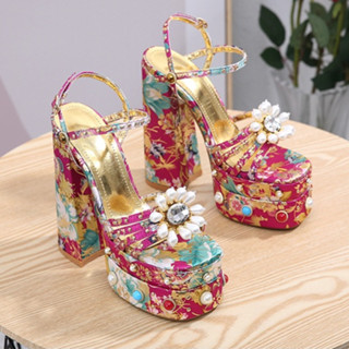 2023 Phong Cách Mới Cao Gót Tiệc Nữ Satin Dép Ghét Bầu Trời Cao Size Lớn In Hình Ngọc Trai Sàn Catwalk Phong Cách Màu Miệng Cá Giày Nữ