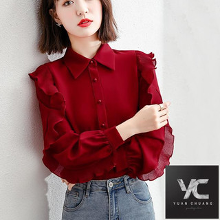  Mùa xuân thu Áo sơ mi voan phong cách mới thời trang nữ Xù hàng đầu phong cách mùa xuân Áo sơ mi nhỏ thời trang