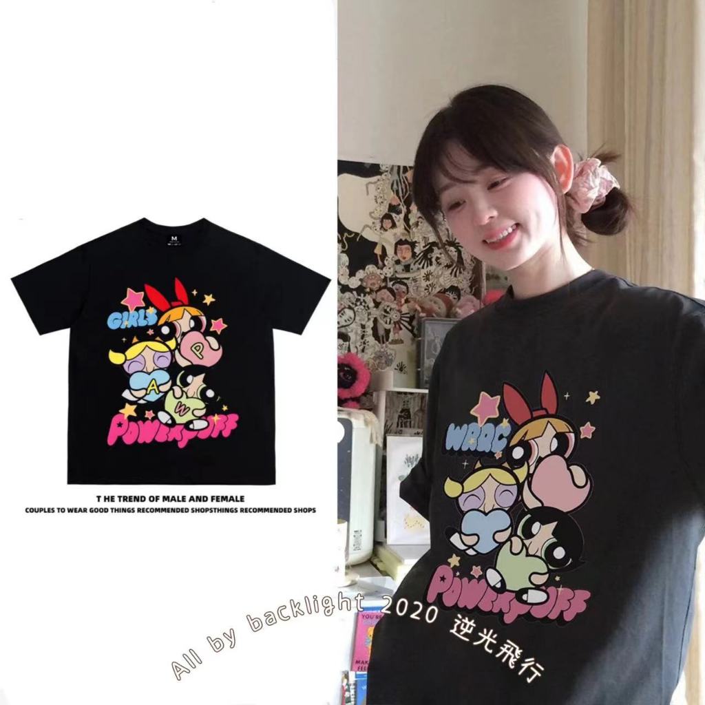 Áo Thun Tay Ngắn Hoạt Hình 3XL Powerpuff Girls Powerpuff Girls Cotton 100% Cotton Áo Thun Nữ Tay Ngắ
