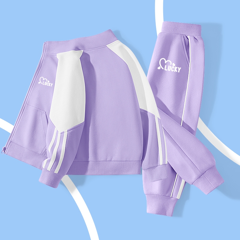 Áo Sweatshirt Bộ đồ thể thao bé gái Áo khoác dây kéo trẻ em Quần thể thao trẻ em In hình tình yêu có túi Unisex