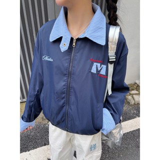 Áo khoác hai mặt sọc retro kiểu Mỹ dành cho nữ mùa thu, dáng rộng và đa năng, áo khoác hai mảnh giả