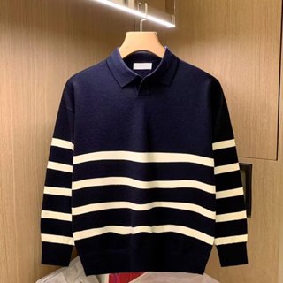 Mùa Thu Phong Cách Anh Ve Áo Màu Sắc Tương Phản Ngang Sọc Áo Len polo Màu Xanh Mơ M-3XL Đáy Thường Ngày Thả Vai Phong Cách Rời Hợp Thời Trang