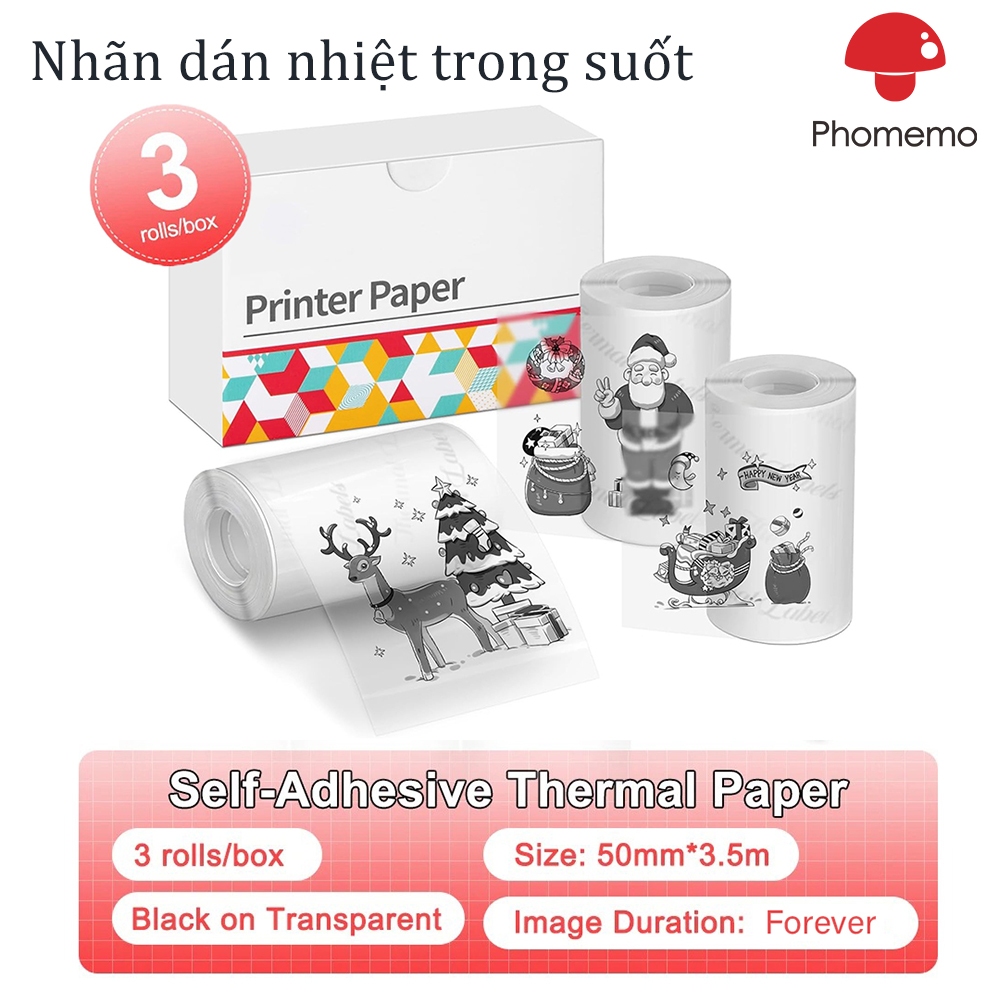 Nhãn dán nhiệt trong suốt 50mm cho máy in Phomemo T02 M02 M03 M04AS M220 241BT M832 - 3 cuộn mỗi hộp