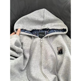 Áo khoác dây kéo có mũ trùm đầu màu xám dành cho nữ mùa thu đông kẻ sọc quá khổ Áo hoodie hip-hop cổ điển Mỹ