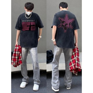 PEAR DODO Thương hiệu thời trang Mỹ ngắn tay nam xuân hè cotton nặng cổ điển Áo thun dáng rộng thiết kế gió áo khoác