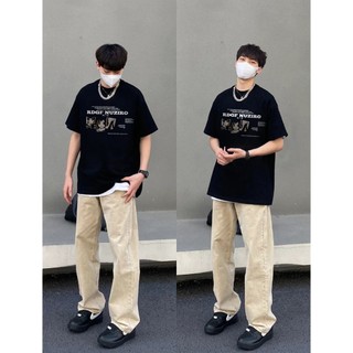 PEAR DODO Thương hiệu thời trang Mỹ anime in chữ áo thun ngắn tay nam thiết kế mùa hè có phong cách dáng rộng cotton nặng