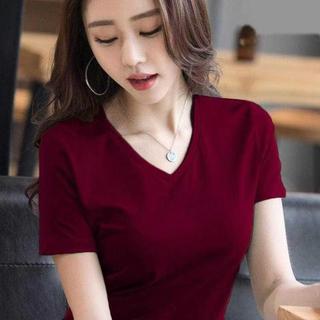 Phiên Bản Hàn Quốc Xuân Hè Plus Size Cổ Chữ V Áo Thun Tay Ngắn Thời Trang Đơn Giản Thường Ngày Phù Hợp Với Nữ Slim-fit Màu Trơn Thời Trang