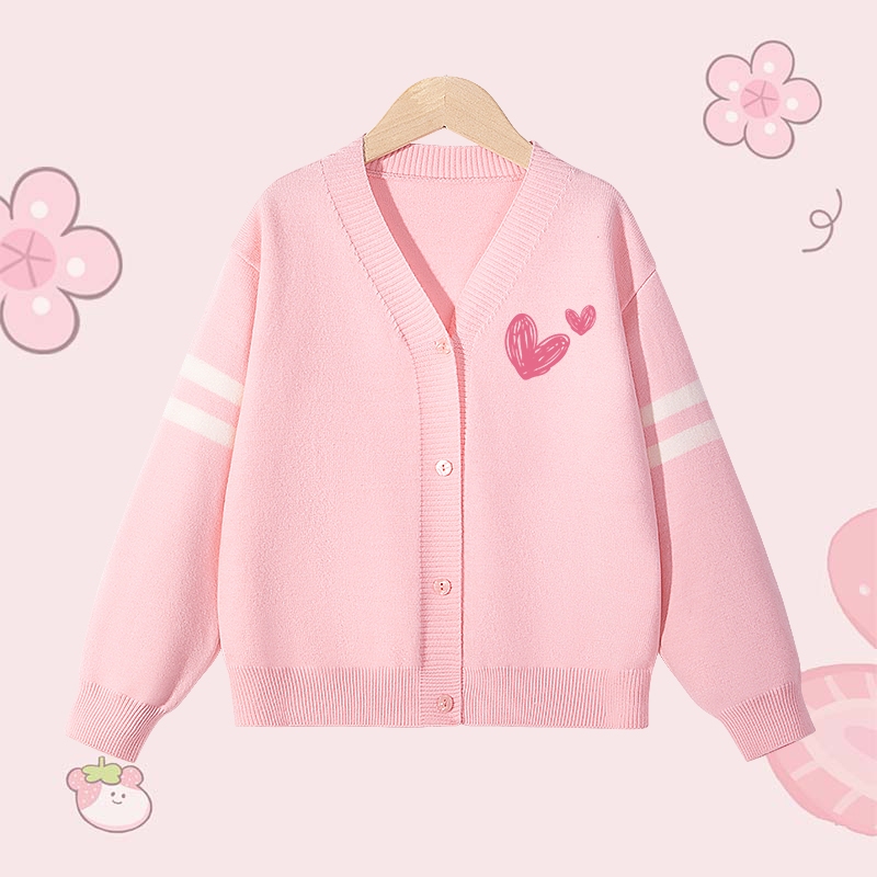 Áo khoác Cardigan dệt kim cho bé gái, Áo khoác dài tay phong cách Preppy Áo len trẻ em in hình trái tim