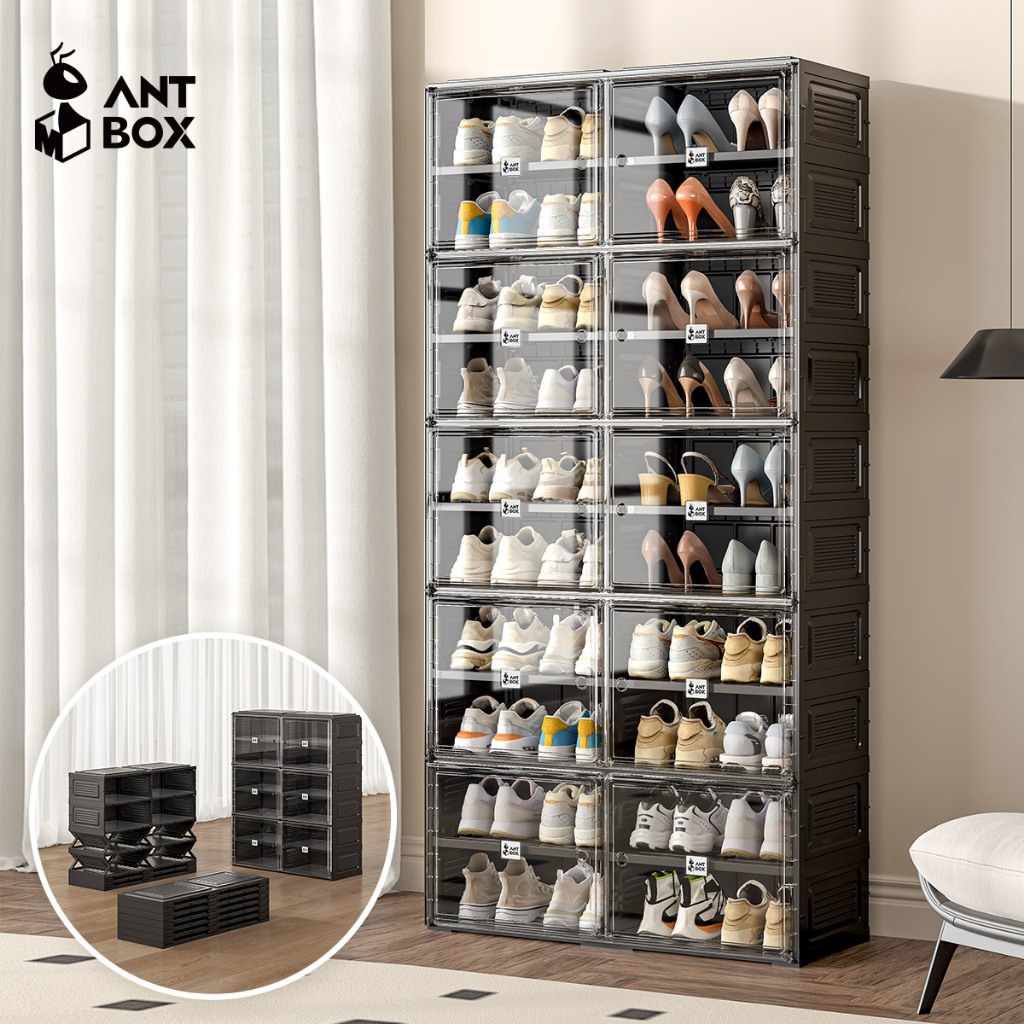 Tủ Đựng Giày Màu Đen 🔥ANTBOX 16-40 Đôi Tủ Có Bánh Xe Hộp Lưu Trữ Trưng Bày Giày Dễ Dàng Lắp Đặt Giá Đựng Giày Gia Đình Có Nắp Lắp Đặt Độ Rộng Lớn Giá Đỡ Giày Chắc Chắn Miễn Phí