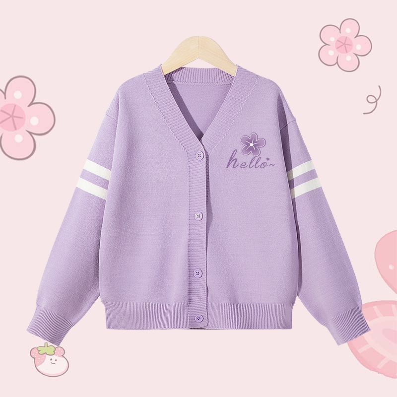 Áo khoác Cardigan dệt kim cho bé gái, Áo khoác dài tay phong cách Preppy Áo len trẻ em in hoa