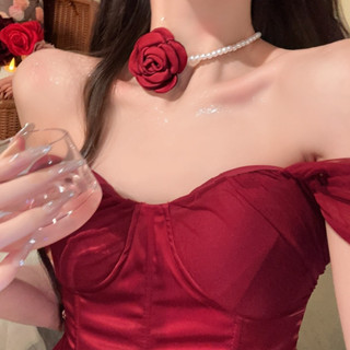 Kết cấu mô phỏng vòng cổ ngọc trai hoa trà Cảm giác cao cấp Dây chuyền xương đòn hoa Ánh sáng sang trọng Dây chuyền ngọc trai Choker