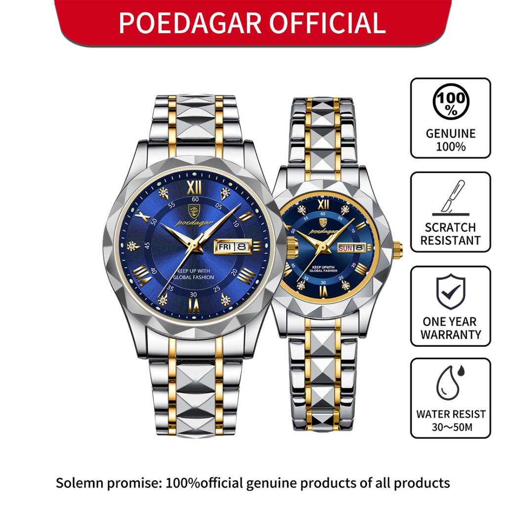 Đồng hồ cặp đôi POEDAGAR 100% chống nước cho nữ / nam Dây đeo bằng thép không gỉ Lịch phát sáng Đồng hồ thạch anh Phong cách thời trang đơn giản Quà tặng sinh nhật có hộp Bảo hành 1 năm 306 / 615
