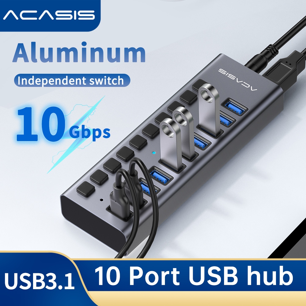 Trung tâm dữ liệu USB chạy bằng ACASIS 10 cổng USB3.1 với công tắc bật / tắt riêng lẻ và Bộ chuyển đổi nguồn 12V4A Bộ chia Hub3.1 USB 10Gpbs cho máy tính xách tay, PC, Máy tính, HDD di động, Ổ đĩa Flash