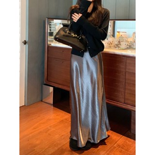 「MOTEL7」Váy dài vừa phải dày Satin Váy lụa đuôi cá Váy dài chữ A