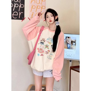 Áo hoodie cổ tròn tắc màu dành cho nữ, thiết kế mới đầu thu, niche, dáng rộng và giảm béo, không mũ mỏng