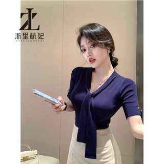 ZHELIHANGFEI Áo thun ngắn tay cổ chữ V có dây buộc màu xanh thời trang Hàn Quốc dệt kim hàng đầu