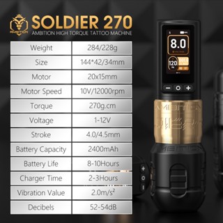 Ambition Soldier 270 Máy xăm không dây 4.0-4.5mm Stroke Bút động cơ không chổi than chuyên nghiệp 2400mAh Pin Grip 34-42mm