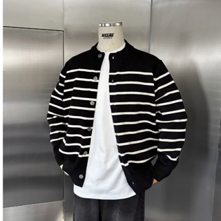 Áo len sọc đơn giản phong cách Preppy Áo len Cardigan nam màu đen mơ M-3XL Áo khoác mùa thu cổ điển Hợp thời trang dệt kim thông thường