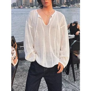 Mỹ Retro Lười Phong Cách Buộc Cổ Chữ v Dệt Kim Rỗng Áo Thun Dài Tay Nam Trắng M-3XL Mùa Thu Thường Ngày Rời Kem Chống Nắng Áo Thun