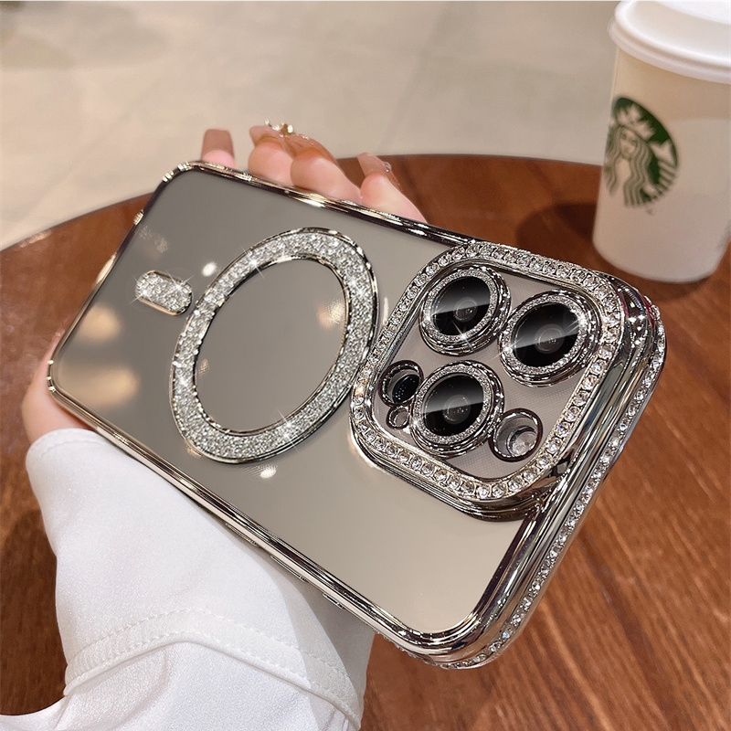 Ốp Điện Thoại Từ Tính Kim Cương Lấp Lánh Cho iPhone 16 pro max 15 14 plus 13 12 pro Vỏ Trong Suốt Bảo Vệ Camera Với Ống Kính Kính Silicon Phụ Kiện Chống Sốc Cov Mềm