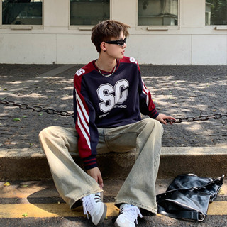 Áo len nam dài tay YAZHINIAO Mỹ xu hướng in chữ cổ điển phong cách đại học Áo thun cổ chữ V ba thanh phố cao cấp