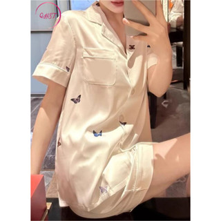 QHST Bộ Đồ Ngủ Nữ Trắng In Hình Bướm Satin Quần Short Tay Ngắn Nhập Khẩu